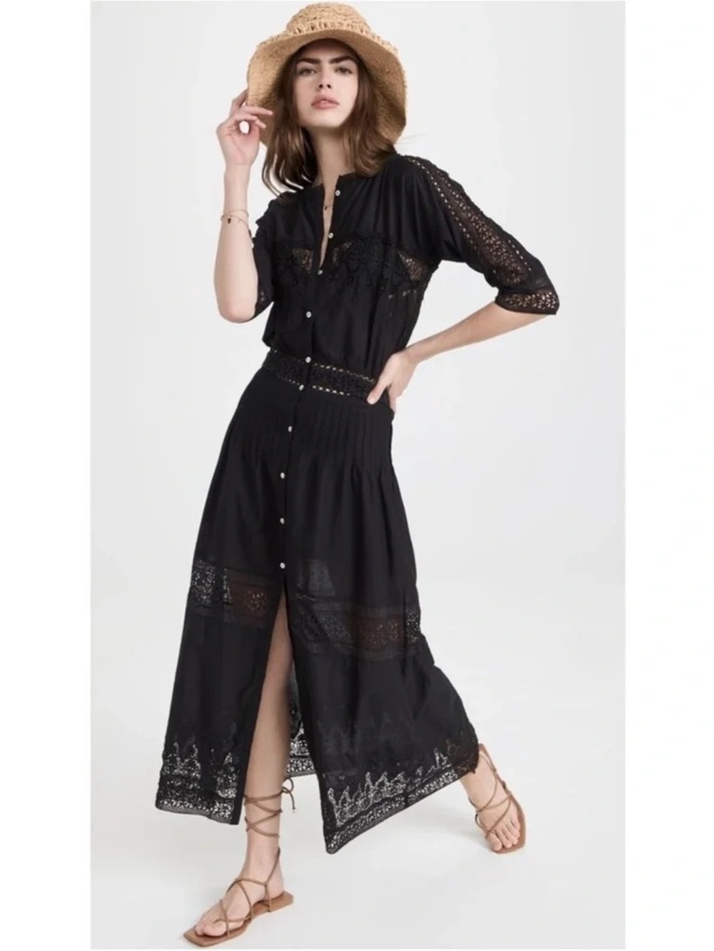 LoveShackFancy Beth Lace Crochet Maxi Dress in Black Size Large